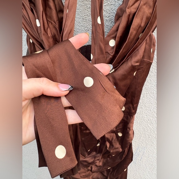 LPA Luisa Polka Dot Midi Dress Detachable Scarf Brown Cream NEW with tags! - Picture 10 of 13